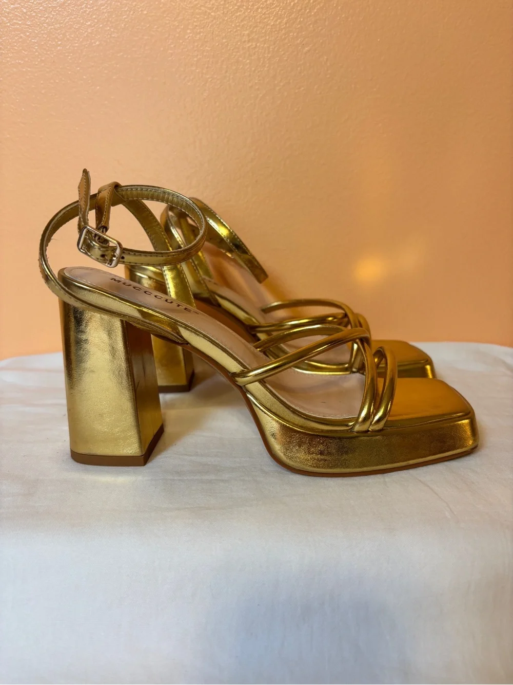 Metallic Gold Platform Block Heel Sandals